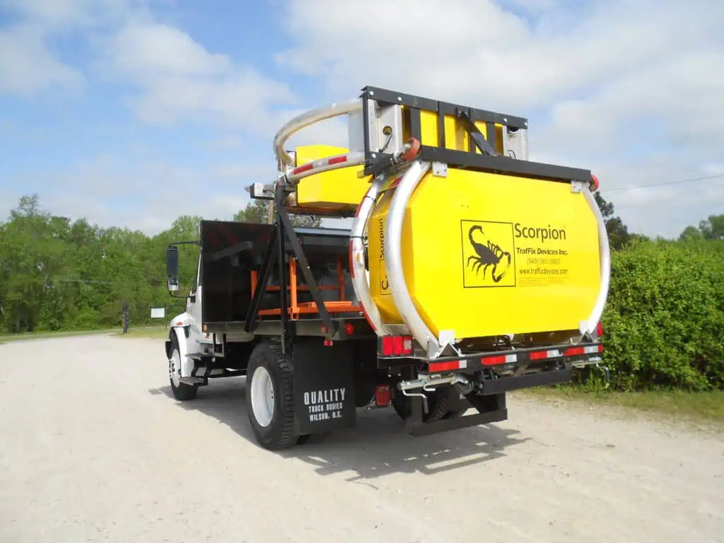 TrafFix Scorpion truck mounted attenuator (TMA) mounted on a Quality Truck Bodies truck